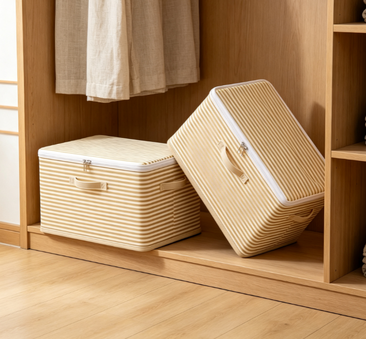 Light-Colored Striped Cotton-Linen Laundry Hamper with Dual Handles and Lid