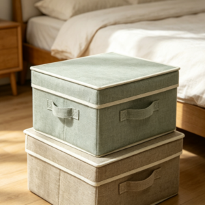 Light Green Trimmed Cotton-Linen Storage Bin with Lid – Fabric Organizer with Dual Handles