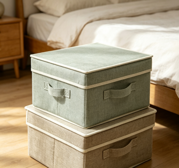 Light Green Trimmed Cotton-Linen Storage Bin with Lid – Fabric Organizer with Dual Handles