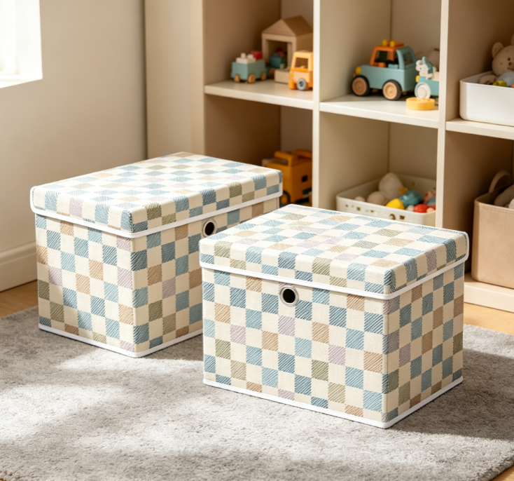Macaron-Colored Plaid Laundry Hamper with Lid – Cotton & Linen Fabric Storage Basket - Image 2