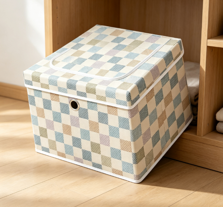 Macaron-Colored Plaid Laundry Hamper with Lid – Cotton & Linen Fabric Storage Basket