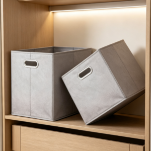 Light Gray Cotton-Linen Storage Bin with Metal-Reinforced Handles – Open-Top Cube Organizer