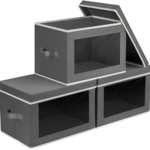 Dark Gray Cotton-Linen Storage Bins with Viewing Windows – 3-Piece Set with Dustproof Lids