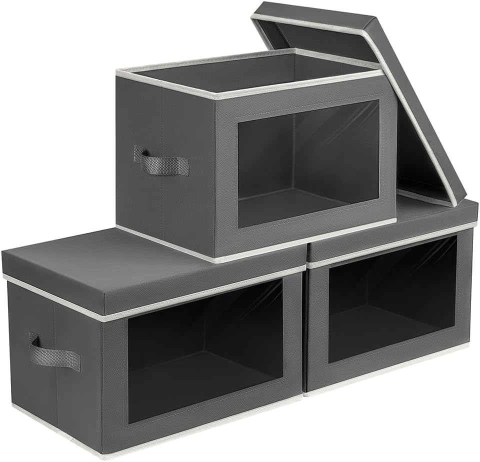 Dark Gray Cotton-Linen Storage Bins with Viewing Windows – 3-Piece Set with Dustproof Lids
