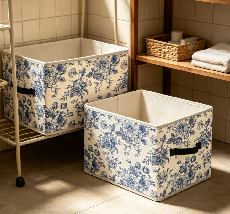 Blue Rose & Blue-and-White Floral Style Cotton-Linen Laundry Basket (Open-Top) - Image 2