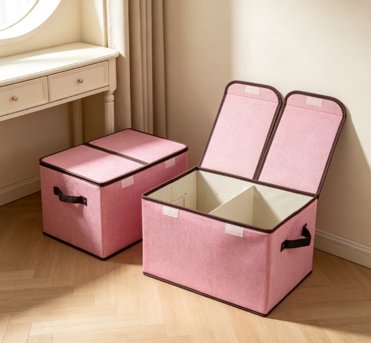 Pink Cotton-Linen Storage Bin with Dual-Lid Dividers – Dustproof, Sectioned Fabric Organizer - Image 2