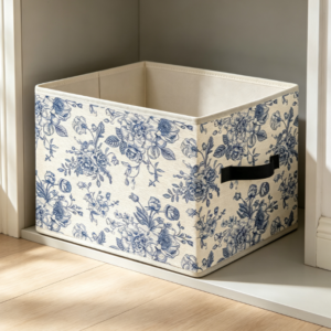 Blue Rose & Blue-and-White Floral Style Cotton-Linen Laundry Basket (Open-Top)