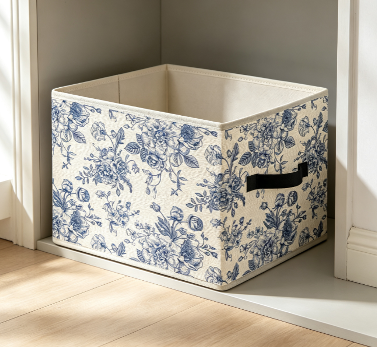 Blue Rose & Blue-and-White Floral Style Cotton-Linen Laundry Basket (Open-Top)
