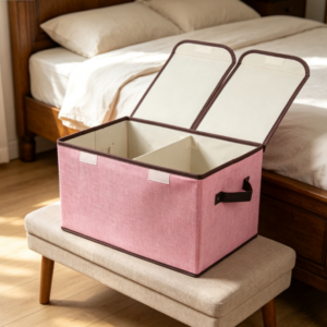 Pink Cotton-Linen Storage Bin with Dual-Lid Dividers – Dustproof, Sectioned Fabric Organizer