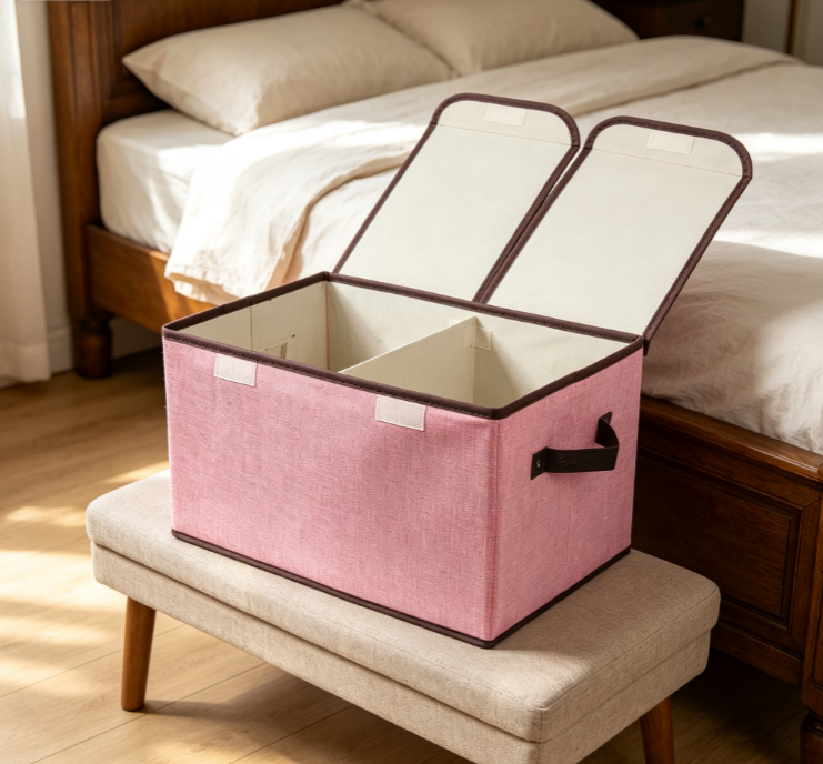 Pink Cotton-Linen Storage Bin with Dual-Lid Dividers – Dustproof, Sectioned Fabric Organizer