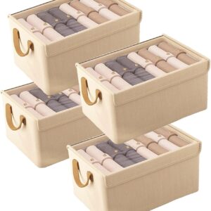 Cream-Apricot Open-Top Cotton-Linen Storage Bins – 4-Piece Rectangular Fabric Organizer Set with Curved Faux-Leather Handles