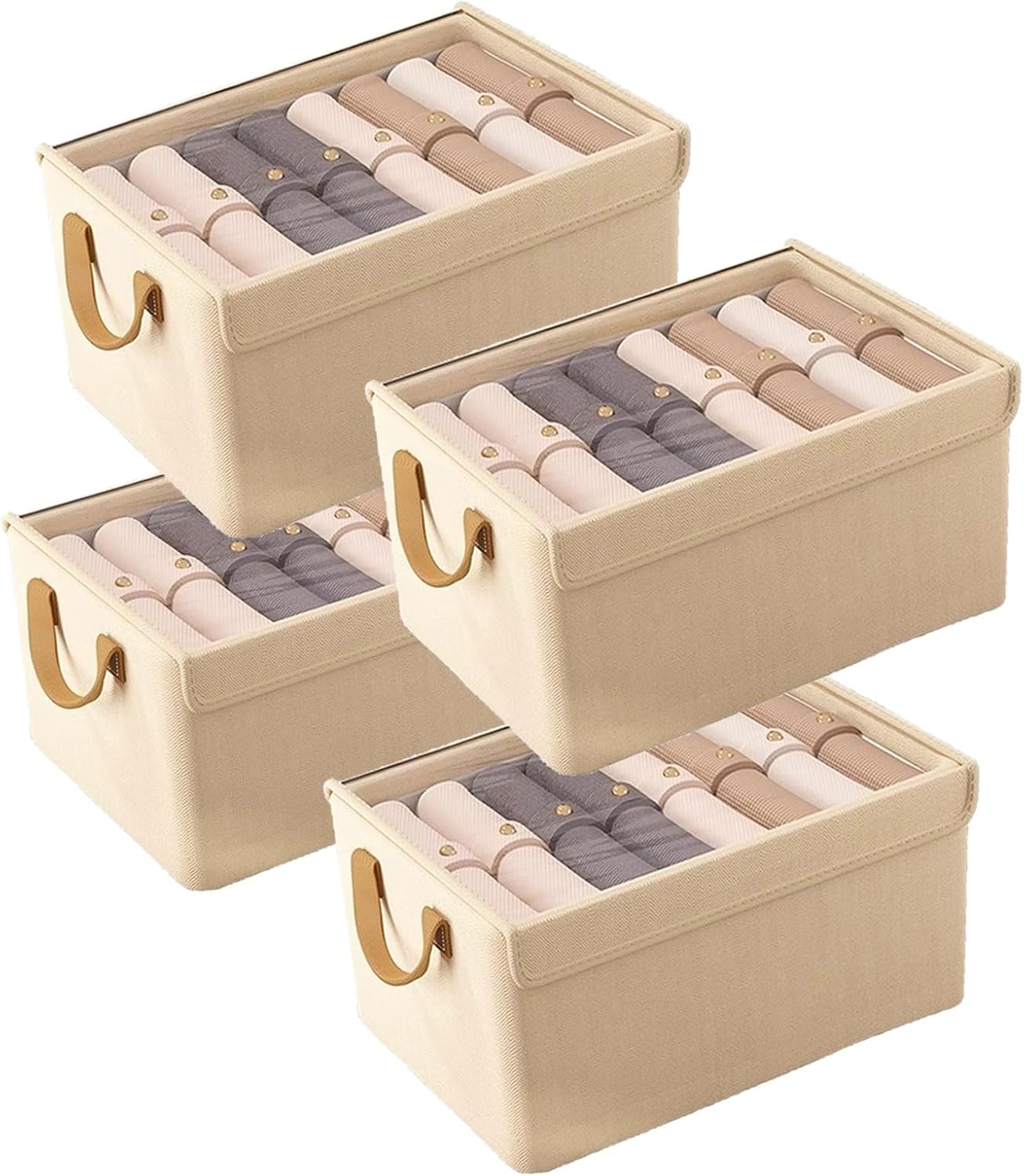 Cream-Apricot Open-Top Cotton-Linen Storage Bins – 4-Piece Rectangular Fabric Organizer Set with Curved Faux-Leather Handles