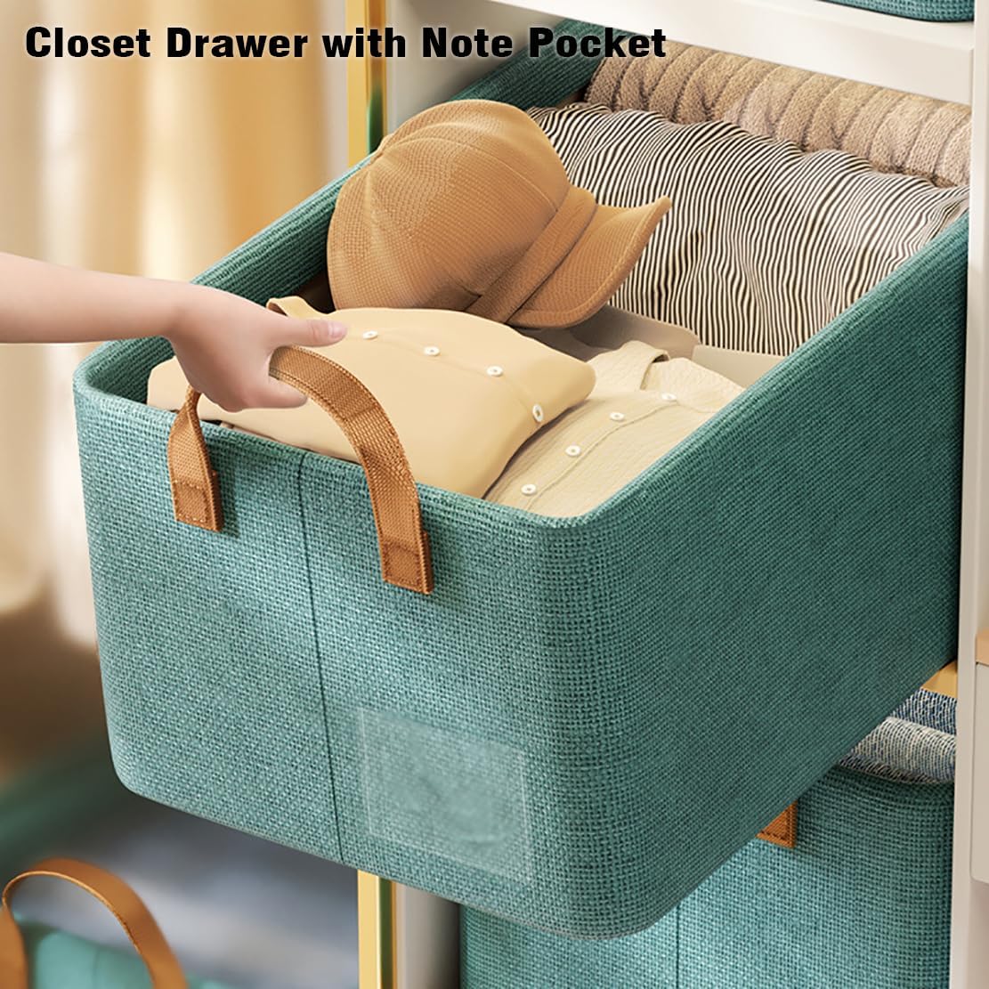 Lake-Green Textured Cotton-Linen Storage Bins – Rectangular Fabric Baskets with Faux-Leather Handles (Set) - Image 2
