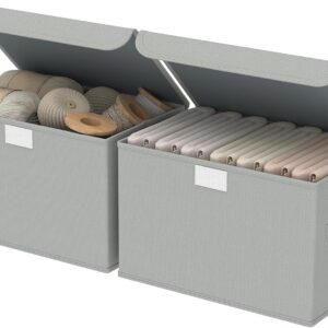 Light Gray Cotton-Linen Storage Bin with Lid – Large-Capacity Fabric Organizer (2-Piece Set) with Label Slot and Handles