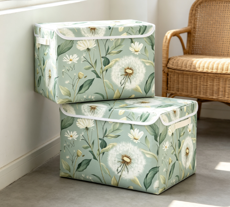 Fresh Dandelion-Print Cotton-Linen Laundry Basket with Lid - Image 2
