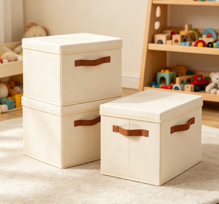 Off-White Cotton-Linen Storage Bin with Brown Fabric Handles – Stackable Organizer with Lid - Image 2