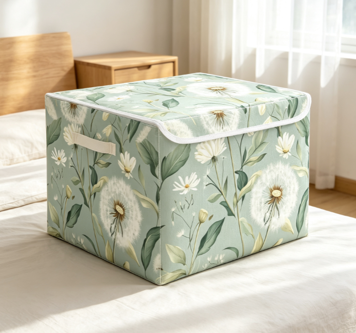 Fresh Dandelion-Print Cotton-Linen Laundry Basket with Lid