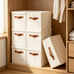 Off-White Cotton-Linen Storage Bin with Brown Fabric Handles – Stackable Organizer with Lid