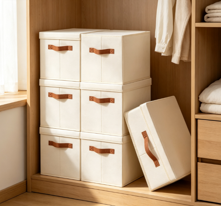 Off-White Cotton-Linen Storage Bin with Brown Fabric Handles – Stackable Organizer with Lid