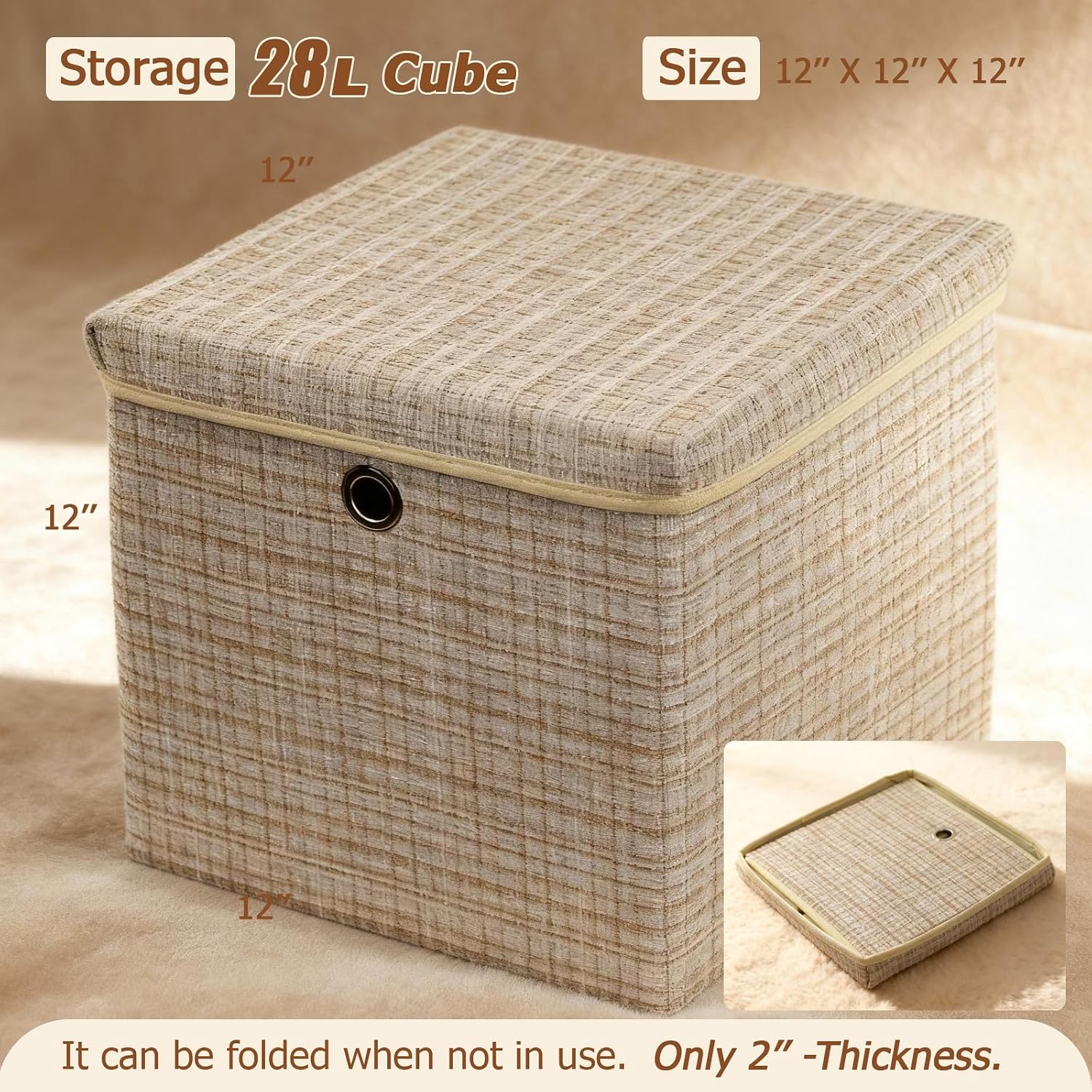 Light Brown Fine-Striped Cotton-Linen Storage Bins – Square, Lidded, with Metal Eyelet Handles (Set) - Image 2