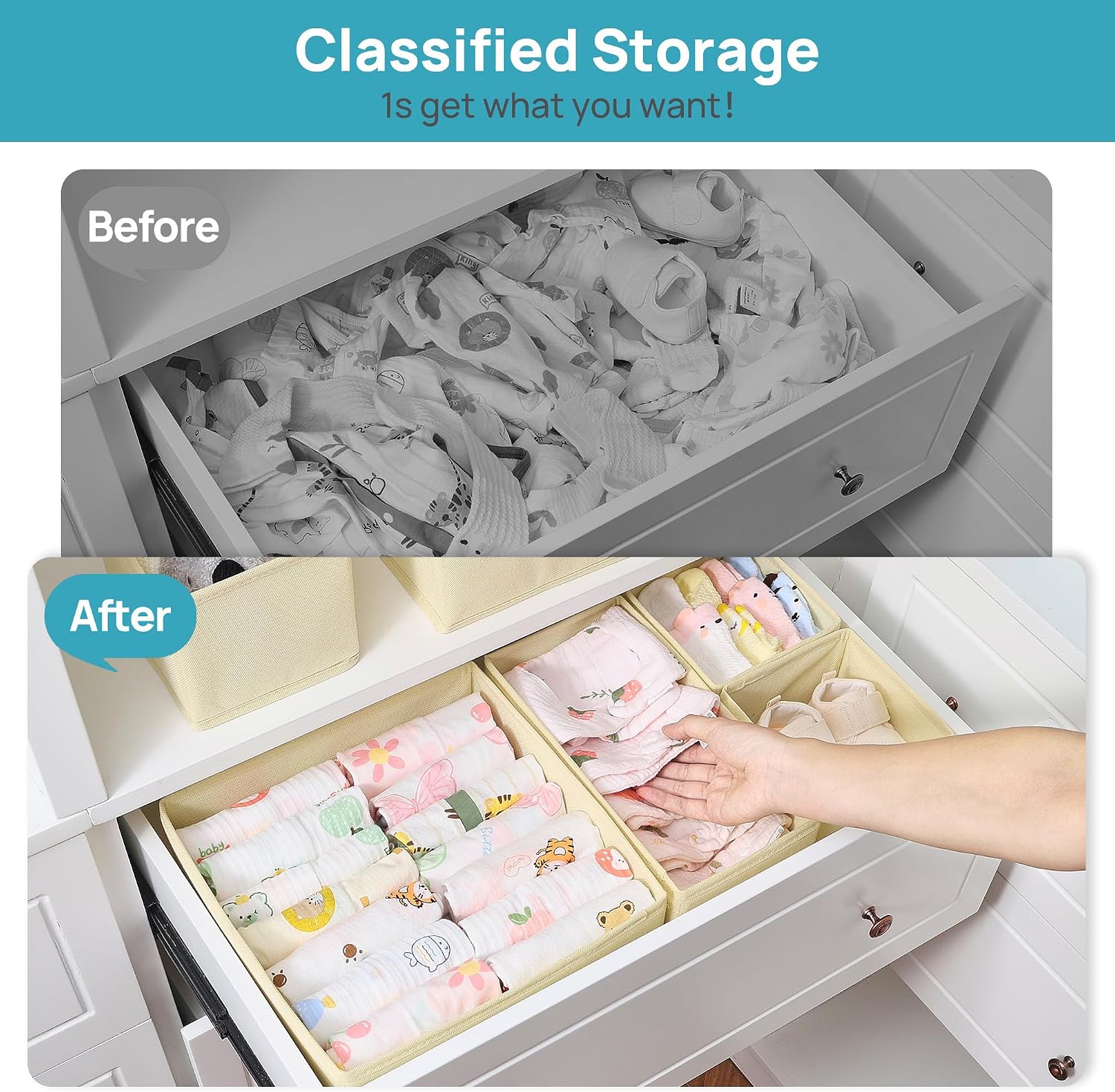 Beige Multi-Compartment Cotton and Linen Storage Bins – For Organizing Baby Clothes - Image 2