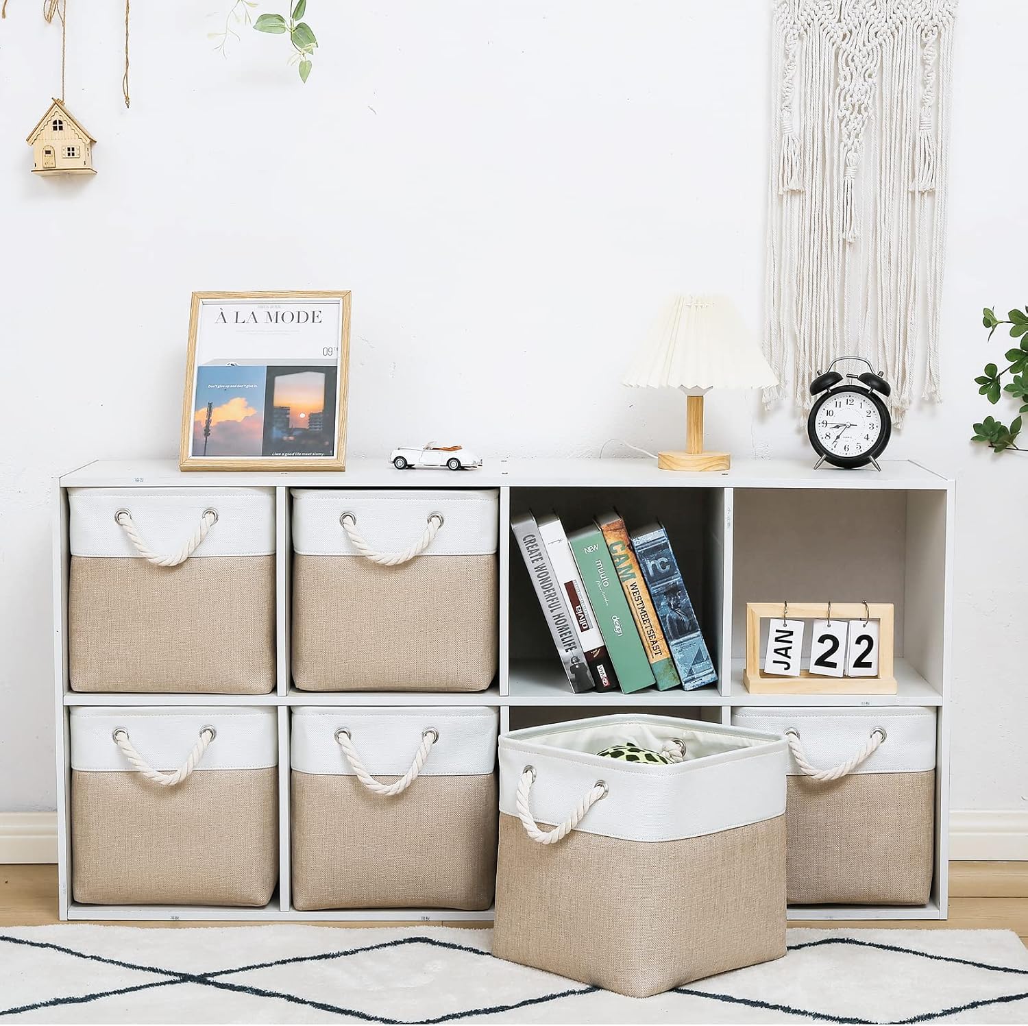 Khaki & White Cotton-Linen Storage Bins – 6-Piece Fabric Organizer Set with Thick Jute Rope Handles - Image 2