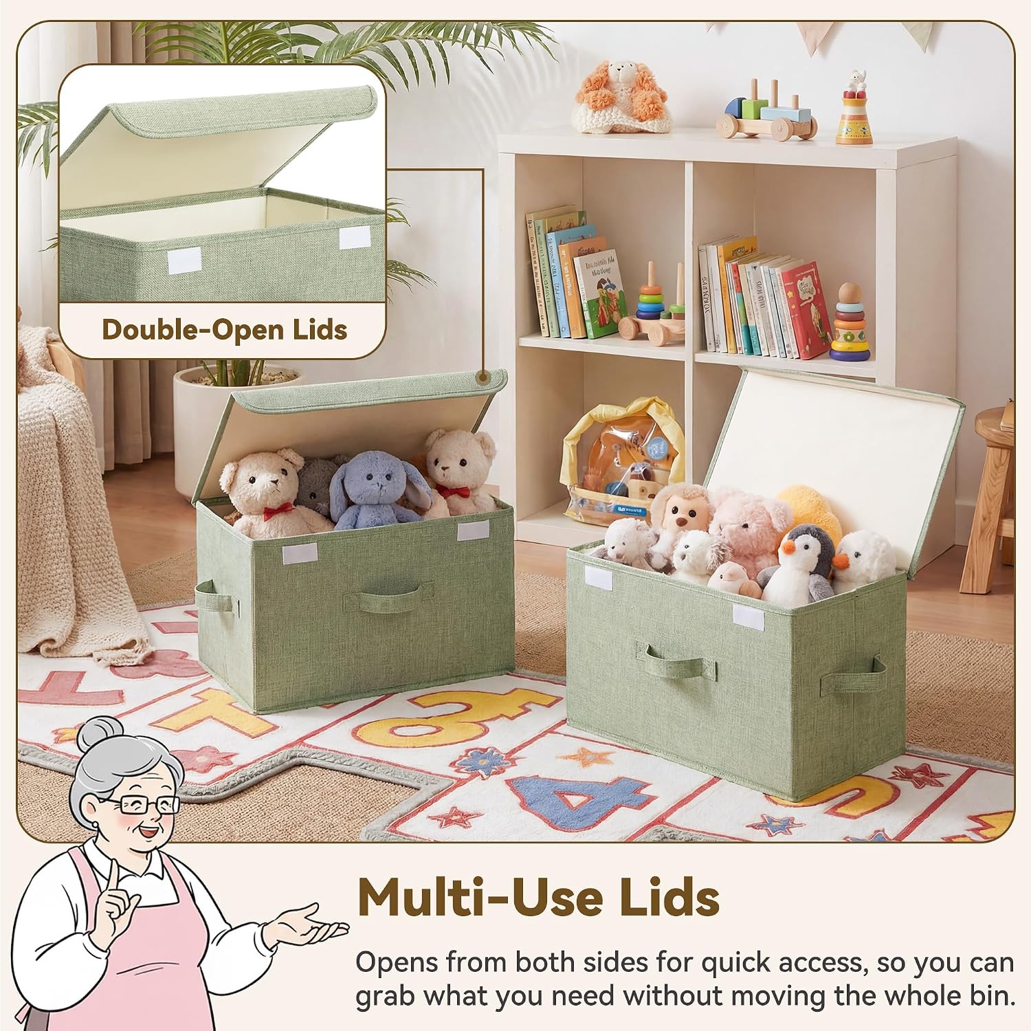 Pea-Green Solid-Color Cotton-Linen Storage Bins – 2-Piece Set with Lids and Dual Handles - Image 2