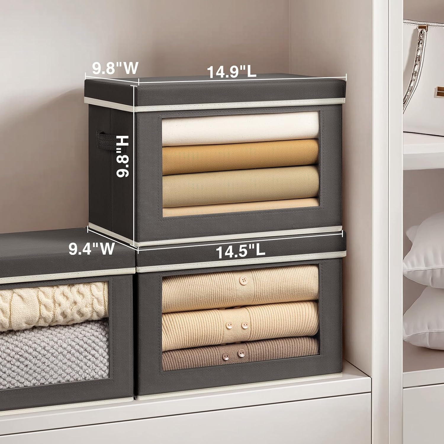 Dark Gray Cotton-Linen Storage Bins with Viewing Windows – 3-Piece Set with Dustproof Lids - Image 2