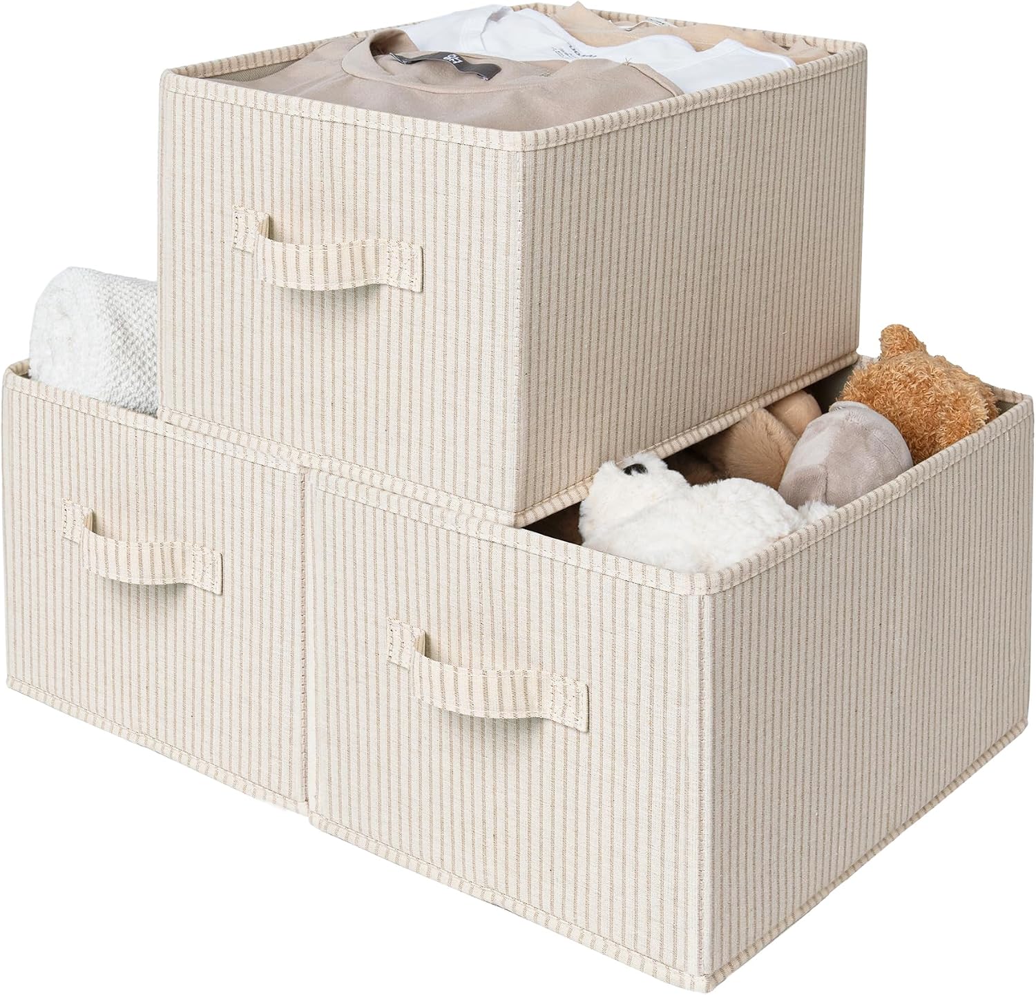 Light Brown Vertical-Striped Cotton-Linen Storage Bin – Open-Top Modular Fabric Organizer