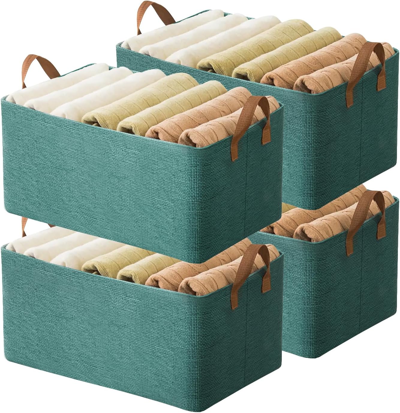 Lake-Green Textured Cotton-Linen Storage Bins – Rectangular Fabric Baskets with Faux-Leather Handles (Set)