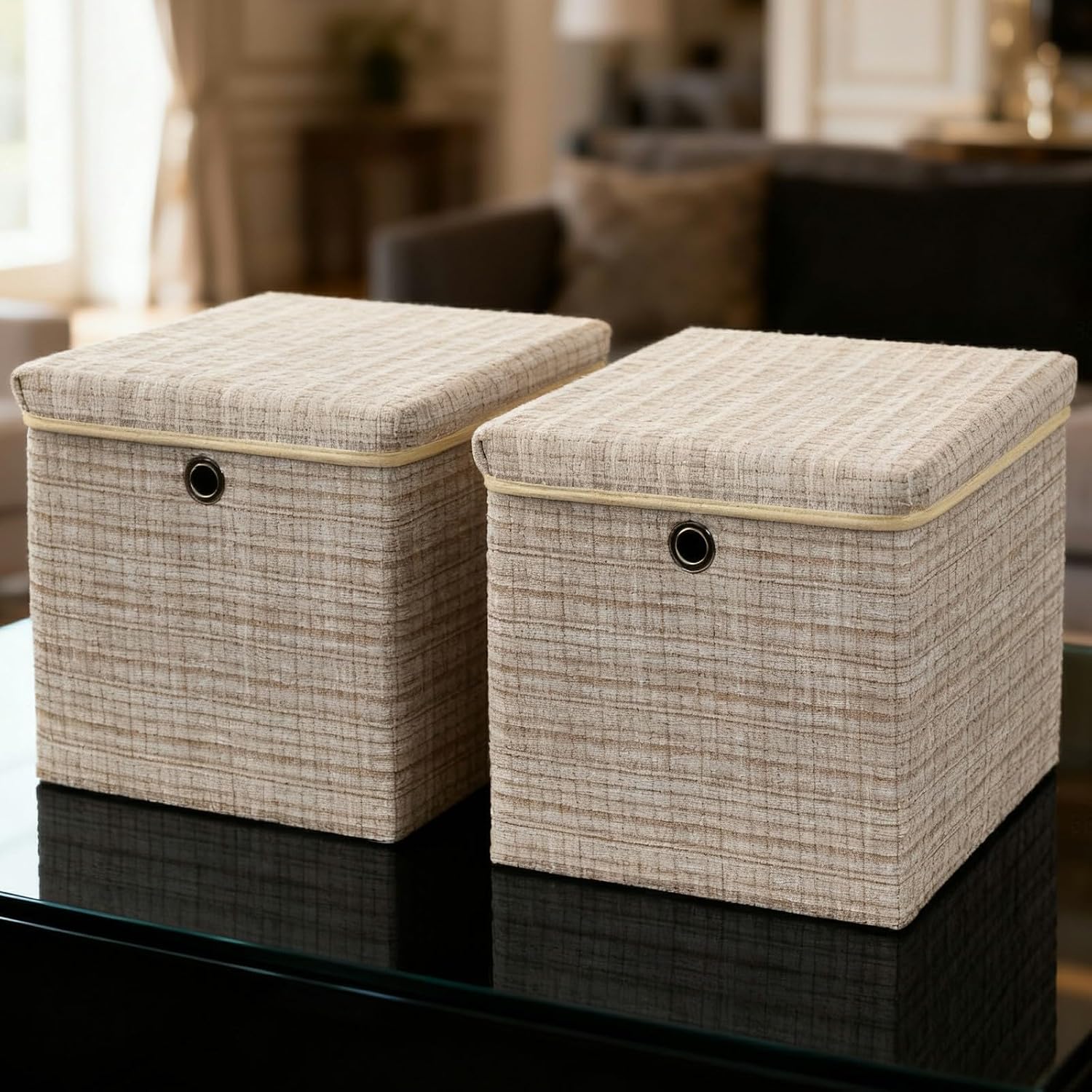 Light Brown Fine-Striped Cotton-Linen Storage Bins – Square, Lidded, with Metal Eyelet Handles (Set)