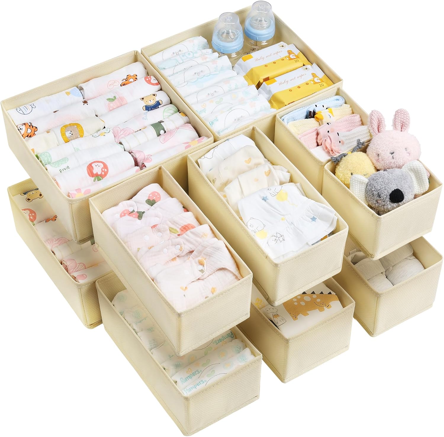 Beige Multi-Compartment Cotton and Linen Storage Bins – For Organizing Baby Clothes