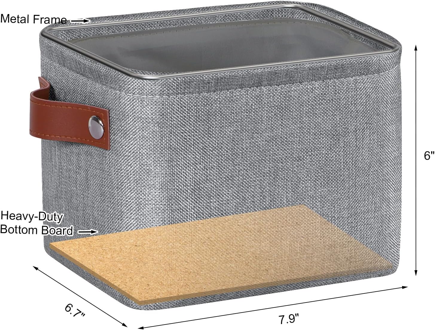 Light Gray Cotton-Linen Storage Bins with Faux Leather Handles – Small Square Fabric Organizer Set - Image 2