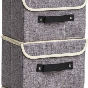 Grey Faux-Linen Storage Bin with Lid – 2-Piece Set Featuring Riveted Black Webbing Handles