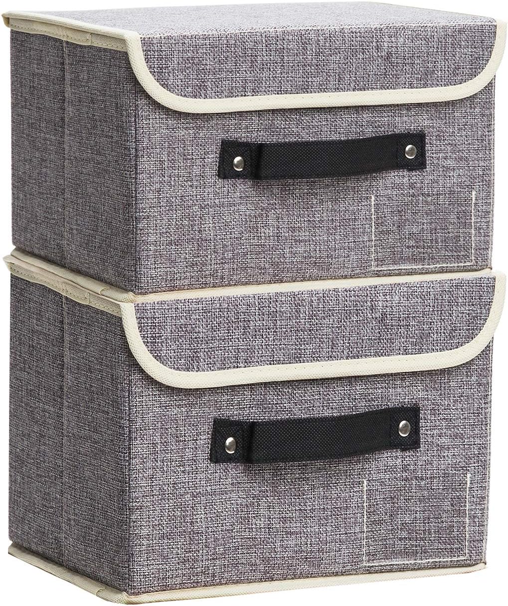 Grey Faux-Linen Storage Bin with Lid – 2-Piece Set Featuring Riveted Black Webbing Handles