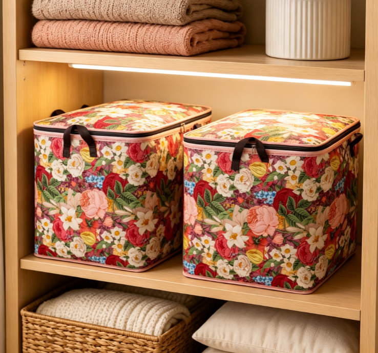 Vintage Floral-Print Cotton-Linen Laundry Basket with Zipper – Large-Capacity Fabric Hamper - Image 2