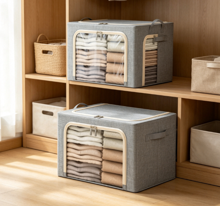 Grey Cotton-Linen Storage Bin with Dual Viewing Windows – Reinforced Steel-Frame Organizer for Clothing - Image 2