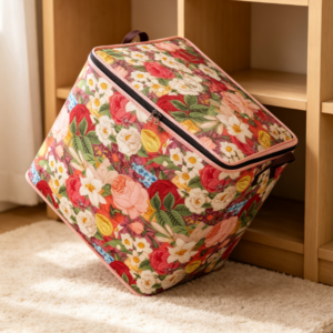 Vintage Floral-Print Cotton-Linen Laundry Basket with Zipper – Large-Capacity Fabric Hamper