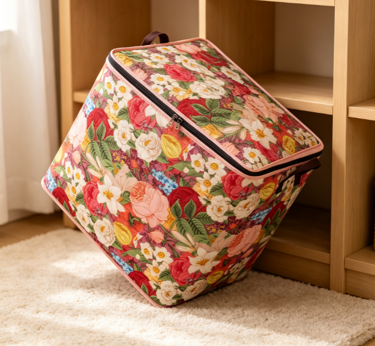 Vintage Floral-Print Cotton-Linen Laundry Basket with Zipper – Large-Capacity Fabric Hamper