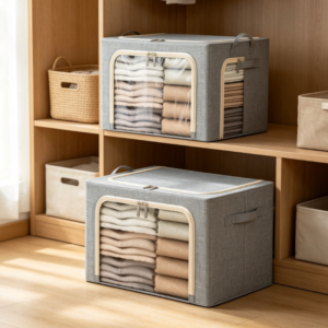 Grey Cotton-Linen Storage Bin with Dual Viewing Windows – Reinforced Steel-Frame Organizer for Clothing