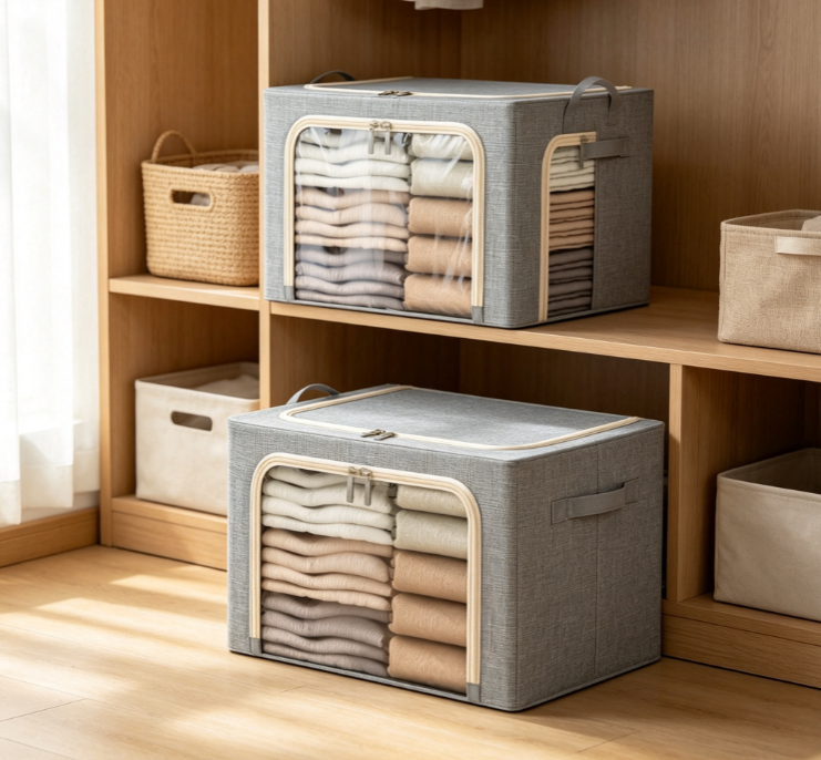 Grey Cotton-Linen Storage Bin with Dual Viewing Windows – Reinforced Steel-Frame Organizer for Clothing