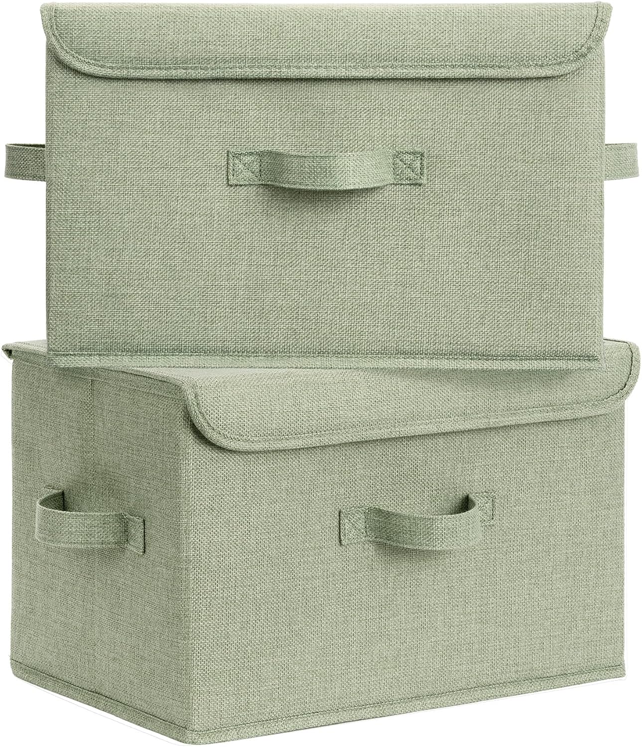 Pea-Green Solid-Color Cotton-Linen Storage Bins – 2-Piece Set with Lids and Dual Handles