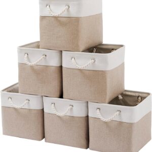 Khaki & White Cotton-Linen Storage Bins – 6-Piece Fabric Organizer Set with Thick Jute Rope Handles