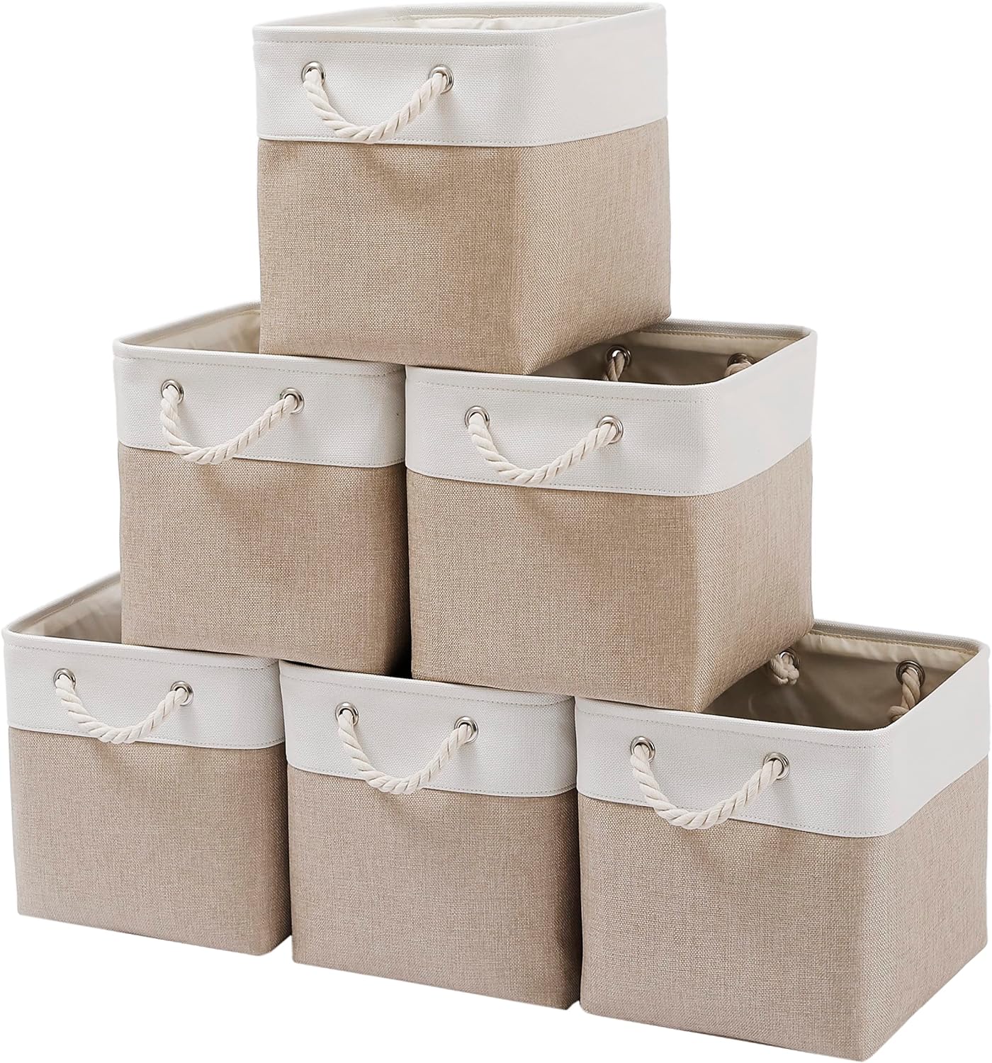 Khaki & White Cotton-Linen Storage Bins – 6-Piece Fabric Organizer Set with Thick Jute Rope Handles
