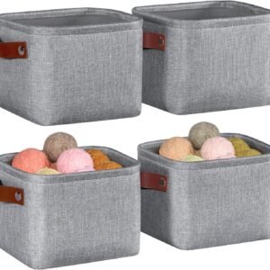 Light Gray Cotton-Linen Storage Bins with Faux Leather Handles – Small Square Fabric Organizer Set