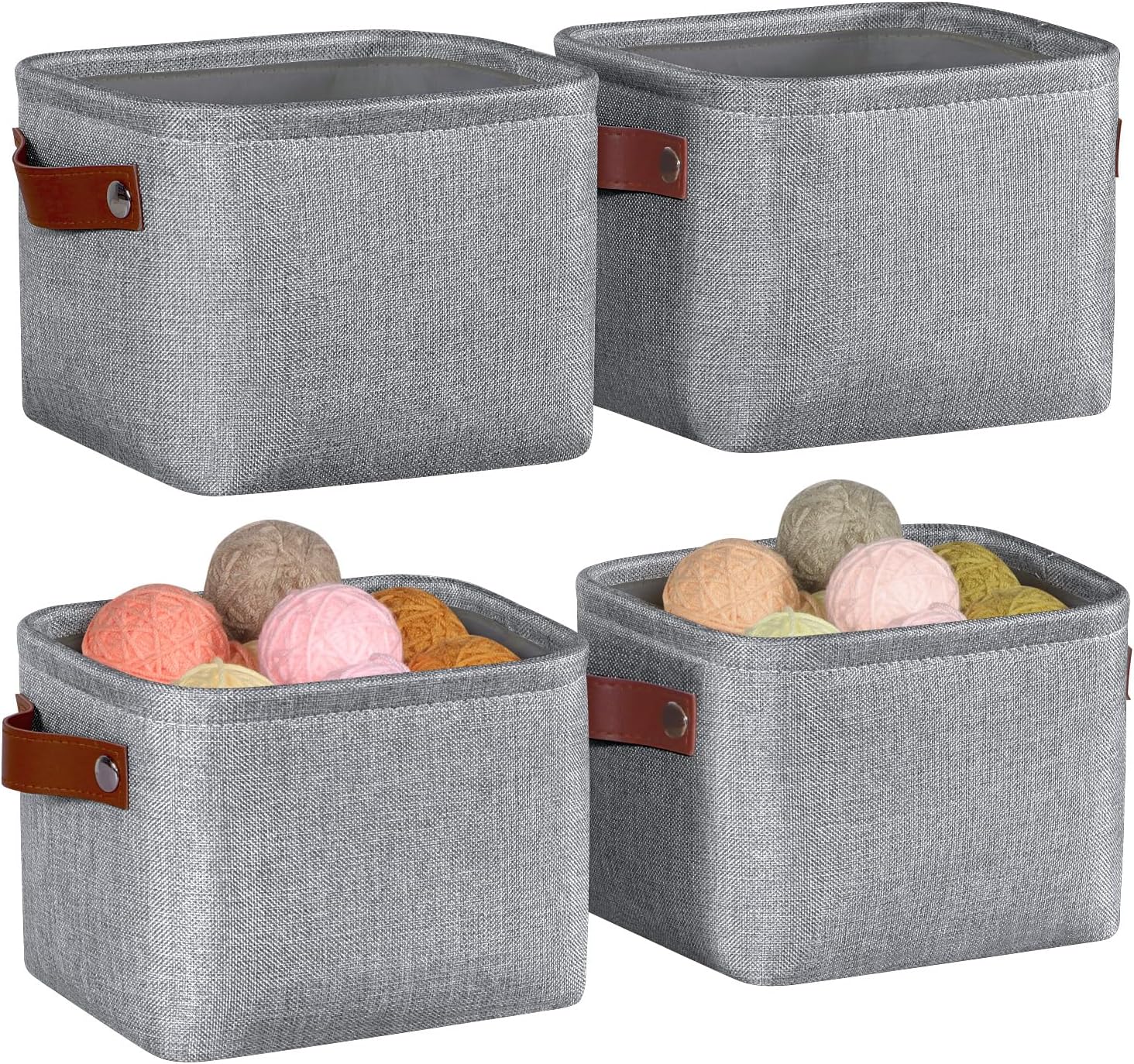 Light Gray Cotton-Linen Storage Bins with Faux Leather Handles – Small Square Fabric Organizer Set